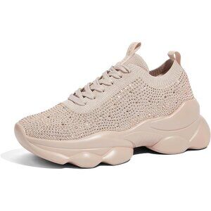 Lucky Step Women's Nude Rhinestone Sneaker Chunky Sparkly Bling Mesh Slip on
